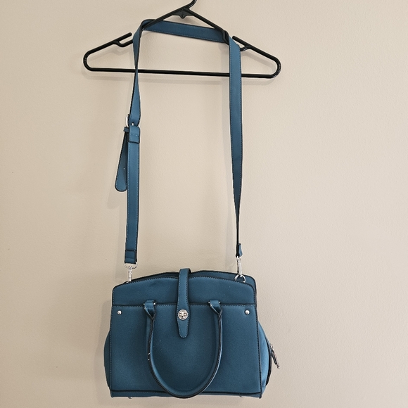 Women's Blue Leather Shoulder Bag with Adjustable Strap - Picture 1 of 12